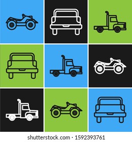 Set line All Terrain Vehicle or ATV motorcycle, Delivery cargo truck vehicle and Pickup truck icon. Vector