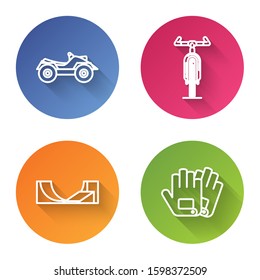 Set line All Terrain Vehicle or ATV motorcycle, Bicycle, Skate park and Gloves. Color circle button. Vector