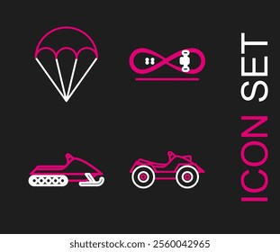 Set line All Terrain Vehicle or ATV motorcycle, Snowmobile, Skateboard trick and Parachute icon. Vector