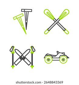 Set line All Terrain Vehicle or ATV motorcycle, Ski and sticks, Crossed paddle and Pegs for tents icon. Vector