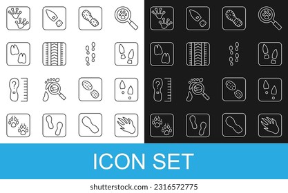 Set line Alligator crocodile footprint, Human footprints shoes, Tire track, Camel paw, Frog and  icon. Vector