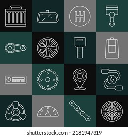 Set line Alloy wheel, Car battery jumper power cable, key with remote, Gear shifter, Timing belt kit, radiator cooling system and  icon. Vector