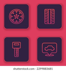 Set line Alloy wheel, Car key with remote, tire and service. Blue square button. Vector