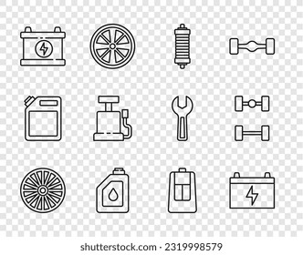 Set line Alloy wheel, Car battery, Shock absorber, Canister for motor oil, air pump, key with remote and Chassis car icon. Vector