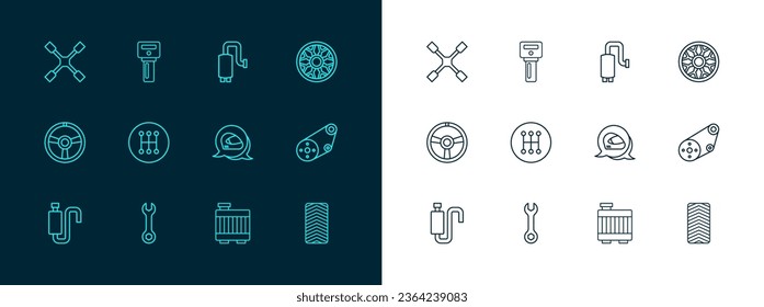 Set line Alloy wheel for car, Wrench spanner, Racing helmet, Car radiator cooling system, Gear shifter, muffler, Wheel wrench and key with remote icon. Vector