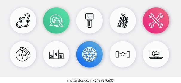 Set line Alloy wheel for car, Wrench spanner, Car brake disk with caliper, Chassis, Racing track, key remote, helmet and Award over sports winner podium icon. Vector