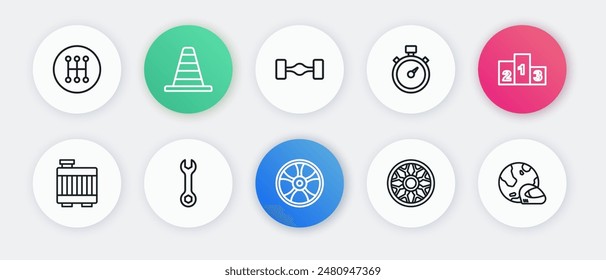 Set line Alloy wheel for car, Award over sports winner podium, Car radiator cooling system, Stopwatch, Chassis, Racing helmet and Wrench spanner icon. Vector