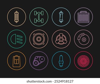 Set Linie Legierungs-Rad, Auto Bremsscheibe mit Bremssattel, Stoßdämpfer, Audio-Lautsprecher, Fernlicht, Motor Ventilator und Chassis Auto-Symbol. Vektorgrafik