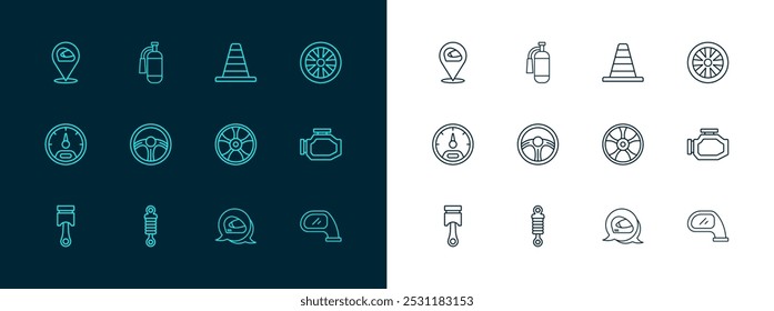 Set line Alloy wheel for car, Shock absorber, Racing helmet, steering, Traffic cone,  and Fire extinguisher icon. Vector
