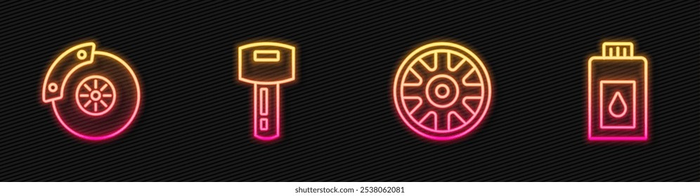 Set line Alloy wheel for car, Car brake disk with caliper, key remote and Canister motor machine oil. Glowing neon icon. Vector