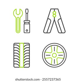 Set line Alloy wheel, Car tire, battery jumper power cable and Screwdriver and wrench spanner icon. Vector