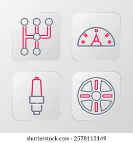 Set line Alloy wheel, Car spark plug, Speedometer and Gear shifter icon. Vector