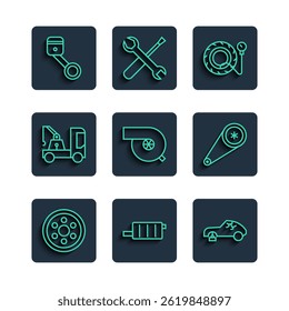 Set line Alloy wheel, Car muffler, Broken car, Tire pressure gauge, Automotive turbocharger, Tow truck, Engine piston and Timing belt kit icon. Vector