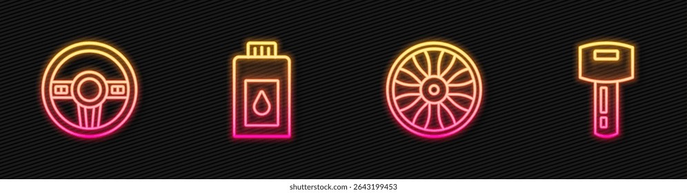 Set line Alloy wheel for car, Steering, Canister motor machine oil and Car key with remote. Glowing neon icon. Vector