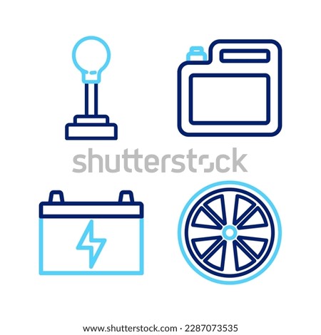 Set line Alloy wheel, Car battery, Canister for motor oil and Gear shifter icon. Vector