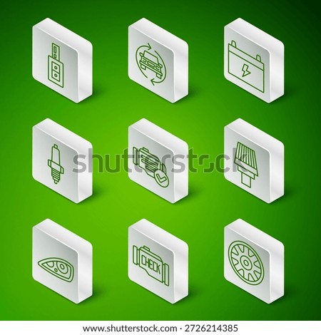 Set line Alloy wheel for car, Check engine, Car key with remote, spark plug, service, headlight and air filter icon. Vector