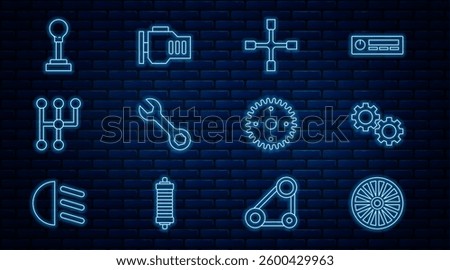 Set line Alloy wheel, Gear, Wheel wrench, Wrench spanner, shifter,  and Check engine icon. Vector