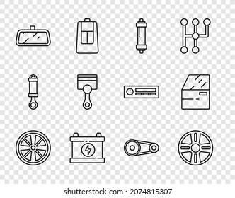 Fijar la rueda de aleación de línea, el amortiguador de choque, la batería del coche, el espejo retrovisor, el pistón del motor, el kit de la correa de tiempo y el icono de la puerta. Vector