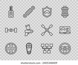 Die Linie Alloy-Rad, Lenker, Auto mit Schild, Zeitgurt-Kit, Schlüssel-Fernbedienung, Paint-Spray, Getriebe-Shifter und Diagnostik Zustand des Auto-Icon. Vektorgrafik