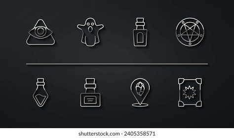 Set line All-seeing eye of God, Bottle with potion, Pentagram a circle, Magic stone, Ghost, Ancient magic book and  icon. Vector