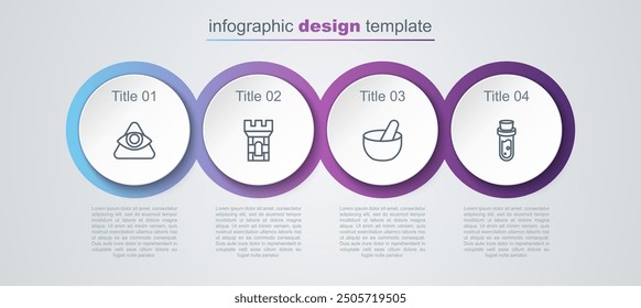 Set line All-seeing eye of God, Castle tower, Witch cauldron and Bottle with potion. Business infographic template. Vector