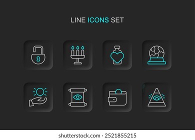 Set line All-seeing eye of God, Wallet, Magic scroll, Ball levitating above hand, ball, Bottle with love potion, Candlestick and Open padlock icon. Vector