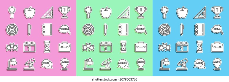 Set line Alphabet, Briefcase, Idea, speech bubble, Triangular ruler, Pen, Solar system, Magnifying glass and Spiral notebook icon. Vector