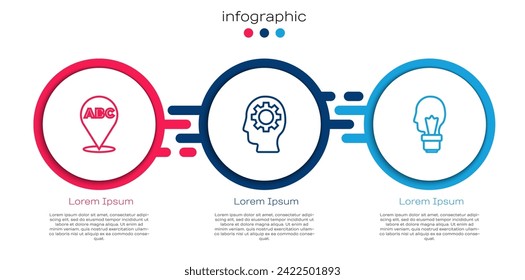 Set line Alphabet, Head with gear inside and Light bulb concept of idea. Business infographic template. Vector