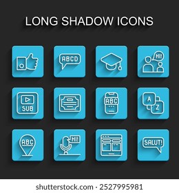 Set line Alphabet, Microphone voice device, Hand like, Online translator, Salut different languages, Certificate template, Vocabulary and Foreign online study icon. Vector