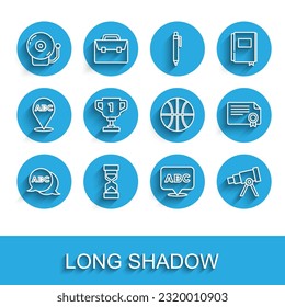 Set line Alphabet, Old hourglass with sand, Ringing alarm bell, Telescope, Award cup, Certificate template and Basketball ball icon. Vector