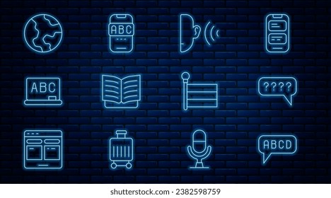 Set line Alphabet, Speech bubbles with Question, Ear listen sound signal, Open book, Chalkboard, Earth globe, Flag and Foreign language online study icon. Vector
