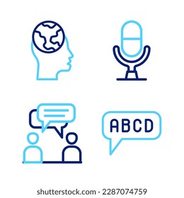 Set line Alphabet, Two sitting men talking, Microphone voice device and Learning foreign languages icon. Vector