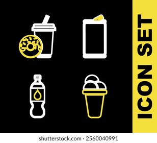 Set line Aluminum can, Ice cream, Bottle of water and Soda drink with donut icon. Vector