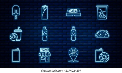 Set line Aluminum can soda and donut, Taco with tortilla, Pizza cardboard box, Bottle of water, Soda drink, Ice cream,  and Burrito icon. Vector