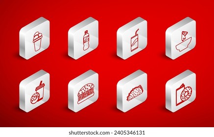 Set line Aluminum can soda and donut, Bottle of water, Soda with drinking straw, Nachos plate, Taco tortilla, Ice cream, Burger and  icon. Vector