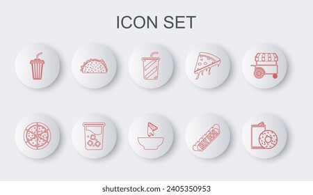Set line Aluminum can soda and donut, Pizza, Glass with water, Hotdog sandwich, Taco tortilla,  and Nachos plate icon. Vector