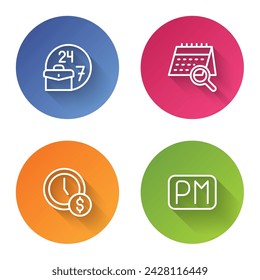 Set line Always busy, Calendar search, Time is money and Day time. Color circle button. Vector