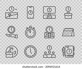 Set Line Always Busy, Daily Paper Notepad, Smart Tv Time, Clock, Vacation, Stopwatch, Time Management And Calendar Icon. Vector