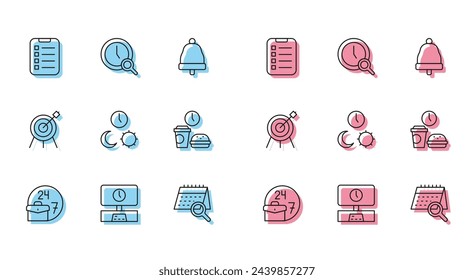Set line Always busy, Smart Tv time, To do list or planning, Calendar search, Day and night with, Fast food, Target sport and Magnifying glass clock icon. Vector