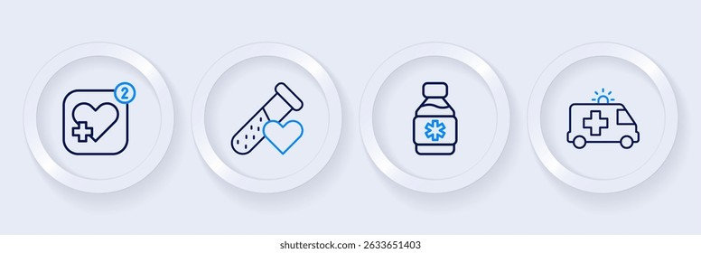 Set line Carro de ambulância, Garrafa de xarope de medicamento, Tubo de teste com sangue e ícone de frequência cardíaca móvel. Vetor