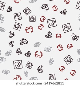 Set line Ambulance car, Dental clinic location, Smart watch with heart and Glasses on seamless pattern. Vector
