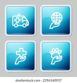 Set line Ambulance car, Hand holding Earth globe, Heart with cross and Animal volunteer icon. Vector