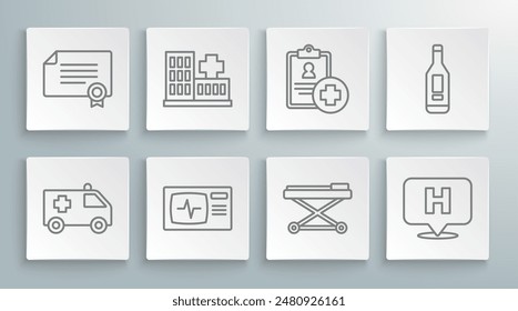 Set line Ambulance car, Hospital building, Monitor with cardiogram, Stretcher, Location hospital, Patient record, Digital thermometer and Certificate template icon. Vector