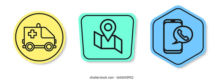 Set line Ambulance and emergency car, Folded map with location marker and Taxi call telephone service. Colored shapes. Vector