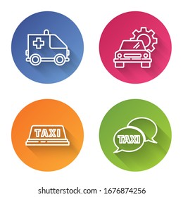 Set line Ambulance and emergency car, Car service, Taxi car roof and Taxi call telephone service. Color circle button. Vector