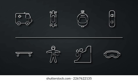Set line Ambulance and emergency car, Longboard or skateboard, Snowboard, Landslide, Bungee jumping, Ski goggles and Helmet action camera icon. Vector