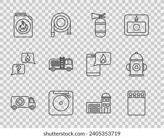 Set line Ambulance and emergency car, Open matchbox matches, Fire extinguisher, Ringing alarm bell, Canister for flammable liquids, truck, Building of fire station and hydrant icon. Vector