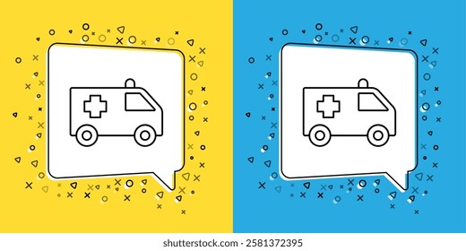 Set line Ambulance and emergency car icon isolated on yellow and blue background. Ambulance vehicle medical evacuation.  Vector