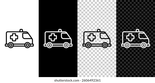 Set line Ambulance and emergency car icon isolated on black and white background. Ambulance vehicle medical evacuation.  Vector