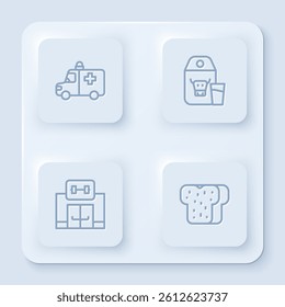 Set line Ambulance and emergency car, Paper package for milk, Gym building and Bread toast. White square button. Vector